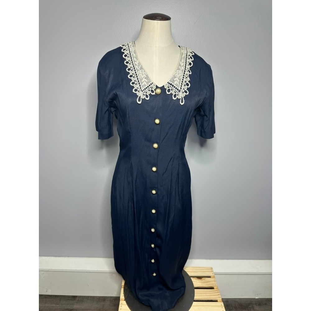 Vintage Be Smart Navy Blue Lace Collar Pearl Button Midi Dress Size 7 USA Made